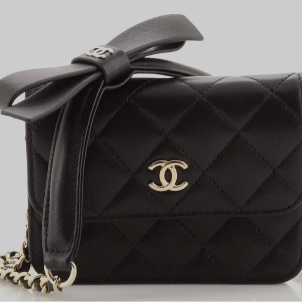 Chanel Bow Strap Card Holder on Chain Quilted Lambskin